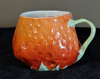C 1910 Royal Bayreuth or French Barbotine Strawberry Teacup Hand Formed Hard Paste Porcelain