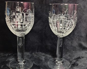 Hand Blown Crystal Wine Goblets: Etched Cityscape Design, Artist Signed Pair