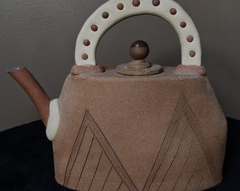 American Master Potter Handmade Teapot - signed Patrick Johnston - Bauhaus Raw Clay w/ Cobalt Tea Glazed Inner