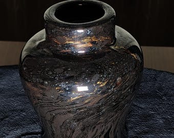 Rare 1989 Haeger Pottery Black Marbled Gold Silver Swirl Candlestick Holder Baroque 6"