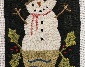 Finished Primitive Hand Hooked Wool Rug Christmas Snowman Crock