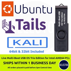 May include: A black USB drive with the text "Multi-Boot USB OS Trio Edition by SELECTOS" printed on the side. The drive is labeled with the operating systems it contains: Ubuntu, Tails, and Kali. The text "64bit & 32bit Included" is printed below the Kali logo.
