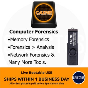 May include: A black USB drive with the text "CAINE Computer forensics USB by SELECTOS" printed on it. The drive is a live bootable USB for computer forensics. The image also shows a black box with the text "CAINE" in a circle with a binary code background.