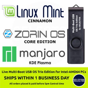 May include: A black USB drive labeled "Multi-Boot USB OS Trio Edition" by Selectos. The image features logos for Linux Mint, Zorin OS, and Manjaro. Text at the bottom reads "Live Multi-Boot USB OS Trio Edition for Intel-AMD64 PCs".
