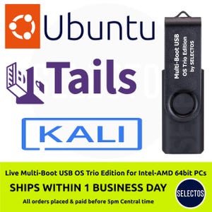 May include: A black USB drive labeled "Multi-Boot USB OS Trio Edition" by Selectos. The image includes the logos and names "Ubuntu", "Tails", and "KALI". Text at the bottom reads "Live Multi-Boot USB OS Trio Edition for Intel-AMD 64bit PCs".
