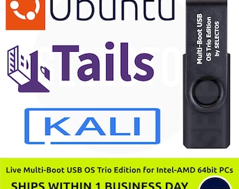 May include: A black USB drive labeled "Multi-Boot USB OS Trio Edition" by Selectos. The image includes the logos and names "Ubuntu", "Tails", and "KALI". Text at the bottom reads "Live Multi-Boot USB OS Trio Edition for Intel-AMD 64bit PCs".