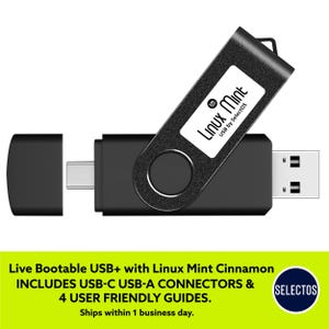 May include: A black dual-connector USB flash drive featuring a swivel cover with the text Linux Mint USB by SelectOS. The device includes both a USB-A connector on one end and a USB-C connector on the other, with a separate black protective cap.
