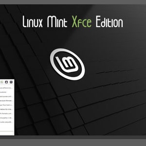 May include: A screenshot of the Linux Mint Xfce Edition desktop. The desktop background is a dark gray with a subtle pattern. The Linux Mint logo is in the center of the screen. The logo is a white circle with a stylized "lm" inside. The desktop has a menu bar at the top of the screen and a taskbar at the bottom of the screen. The taskbar has icons for the applications that are currently running. The menu bar has icons for the system settings and the applications that are installed on the system.