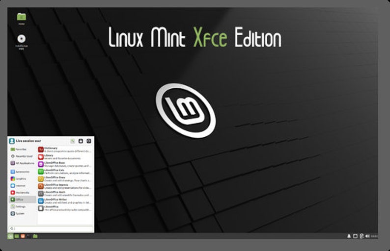 May include: A screenshot of the Linux Mint Xfce Edition desktop. The desktop background is a dark gray with a subtle pattern. The Linux Mint logo is in the center of the screen. The logo is a white circle with a stylized "lm" inside. The desktop has a menu bar at the top of the screen and a taskbar at the bottom of the screen. The taskbar has icons for the applications that are currently running. The menu bar has icons for the system settings and the applications that are installed on the system.