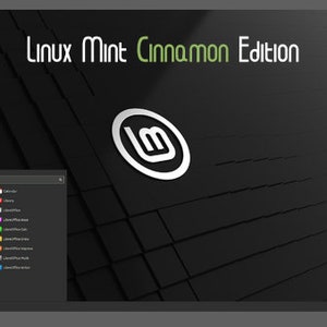 May include: A screenshot of the Linux Mint Cinnamon Edition desktop. The desktop background is a dark gray with a subtle pattern. The Linux Mint logo is in the center of the screen. The menu bar is at the top of the screen and shows the words "Linux Mint Cinnamon Edition". The menu bar also shows the words "Computer", "Install LibreOffice", and "All Applications".