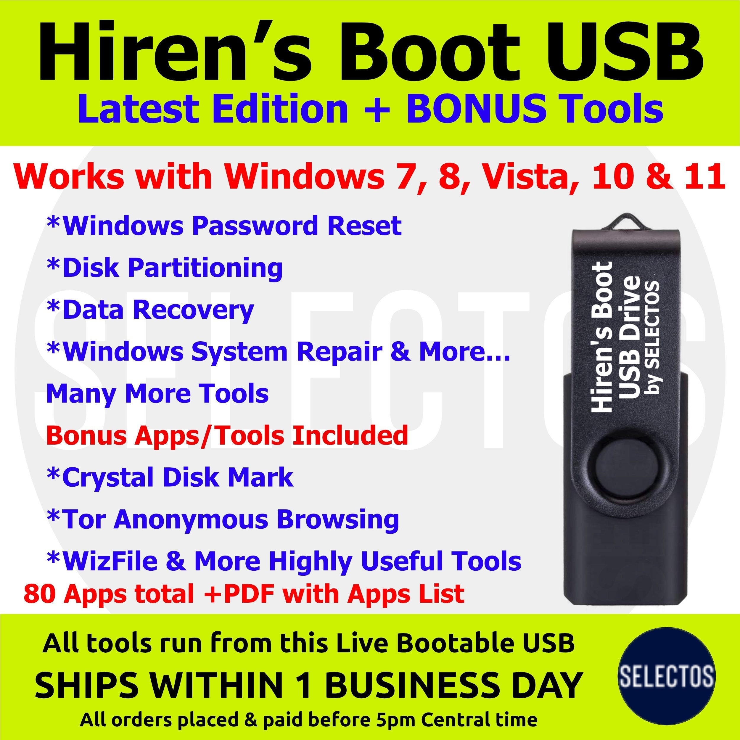 Hiren's Boot USB Windows Utilities Password Reset Disk Etsy