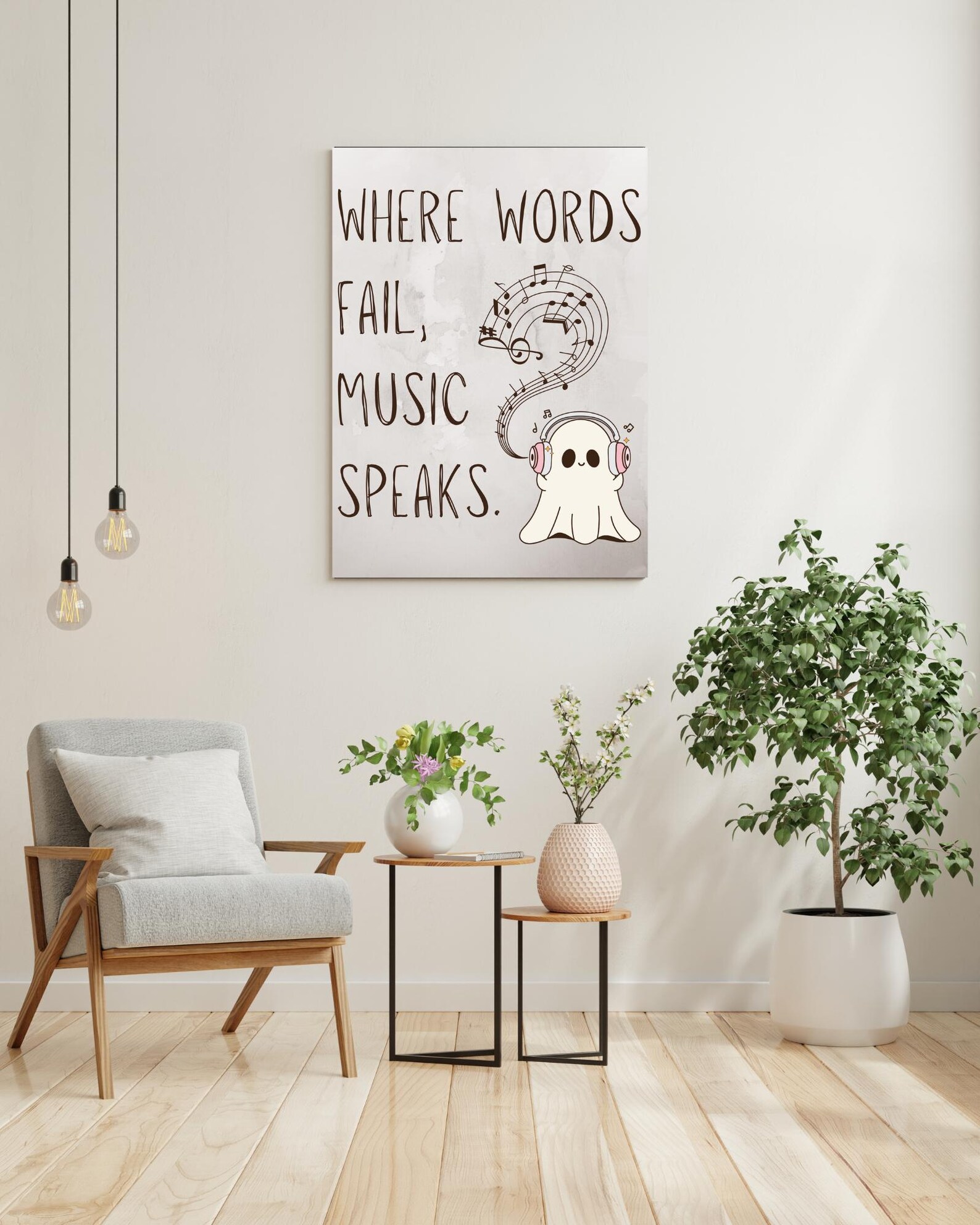 Where Words Fail, Music Speaks Poster - Cartoon Ghost Listening to ...