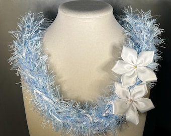Pastel Blue Eyelash Ribbon Lei with White Plumeria Flowers