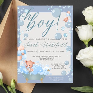 Cute Baby Boy Baby Shower Bear Bubble Bath Canva Modificabile Stampabile * Card & Mobile *