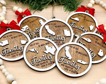 Close At Heart Family Ornament, Personalized Christmas Gift, Custom Wooden Ornament, Family Present, Miles Apart