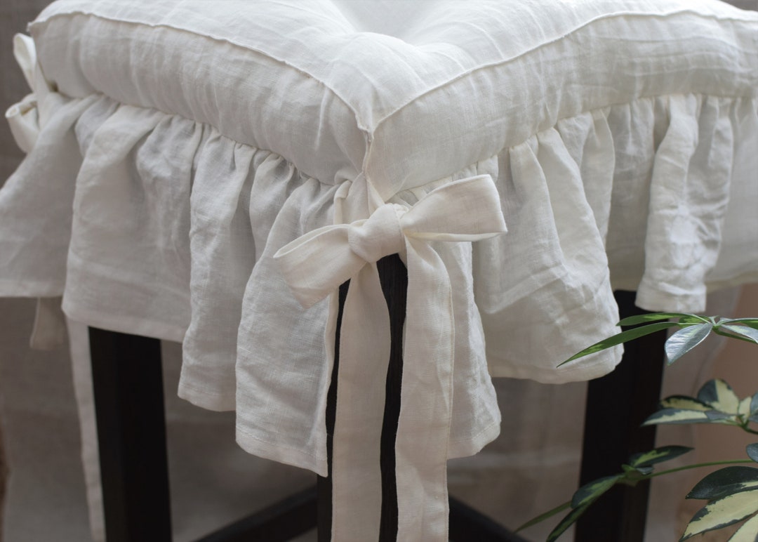 Washed Linen Cushion With Ruffles in Offwhite creamy White, Dining