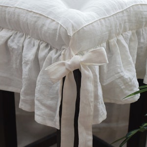 Custom washed linen cushion with ruffles in off-white (creamy white), Dining chair and bench cushion,  kitchen chair pads with ties