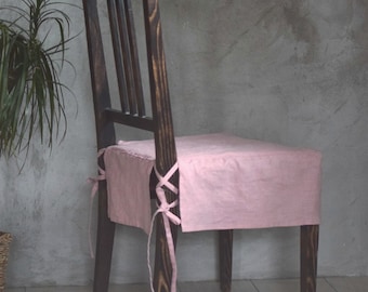 Custom Linen Dining Chair Cover with Skirt & Ties - Dusty Pink