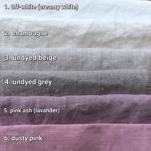May include: Six fabric swatches in different shades of white, beige, gray, and pink. The swatches are labeled with their color names: off-white (creamy white), champagne, undyed beige, undyed grey, pink ash (lavender), and dusty pink.