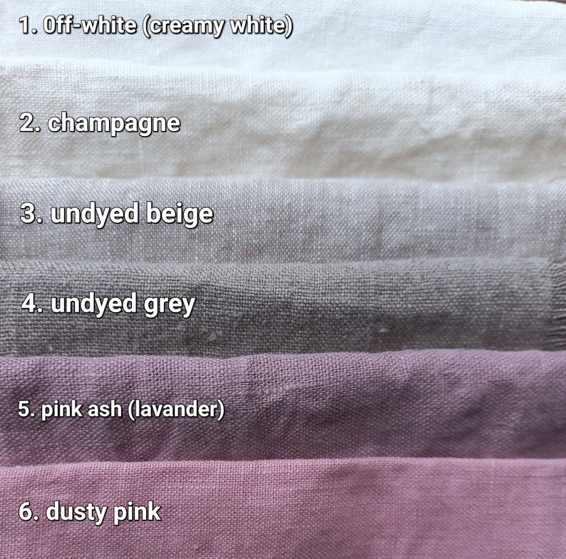 May include: Six fabric swatches in different shades of white, beige, gray, and pink. The swatches are labeled with their color names: off-white (creamy white), champagne, undyed beige, undyed grey, pink ash (lavender), and dusty pink.