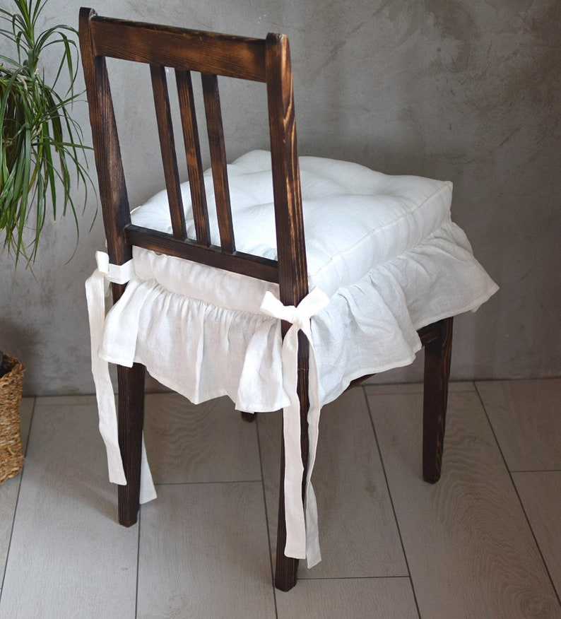 Coussin en lin lavé à volants blanc cassé blanc crème, coussin pour chaise de salle à manger et banc, coussins de chaise personnalisés, coussins de chaise de cuisine image 2