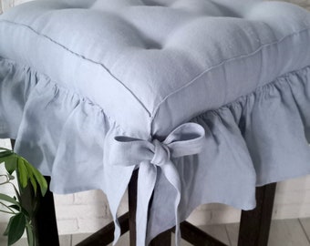 Cojín de lino lavado con volantes en azul claro, cojín para silla de comedor y banco, almohadillas para sillas personalizadas, almohadillas para sillas de cocina