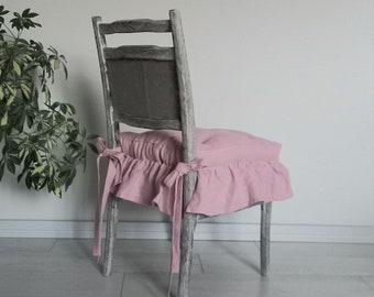 Washed Linen Cushion with ruffles , Dining chair cushion, Custom chair Pads,  Seat pads, kitchen chair pads