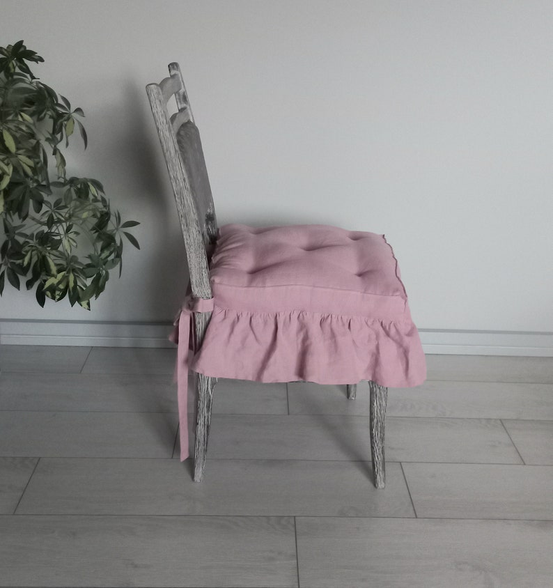 Washed Linen Cushion with ruffles , Dining chair cushion, Custom chair Pads, Seat pads, kitchen chair pads image 3