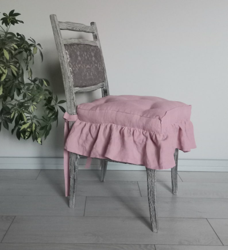 Washed Linen Cushion with ruffles , Dining chair cushion, Custom chair Pads, Seat pads, kitchen chair pads image 4