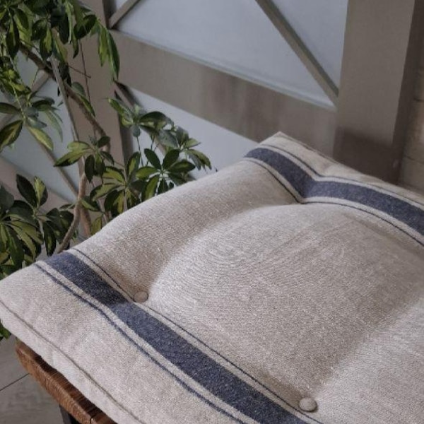 Custom Linen Bench Cushion: Farmhouse Stripe Tufted Seat Pad