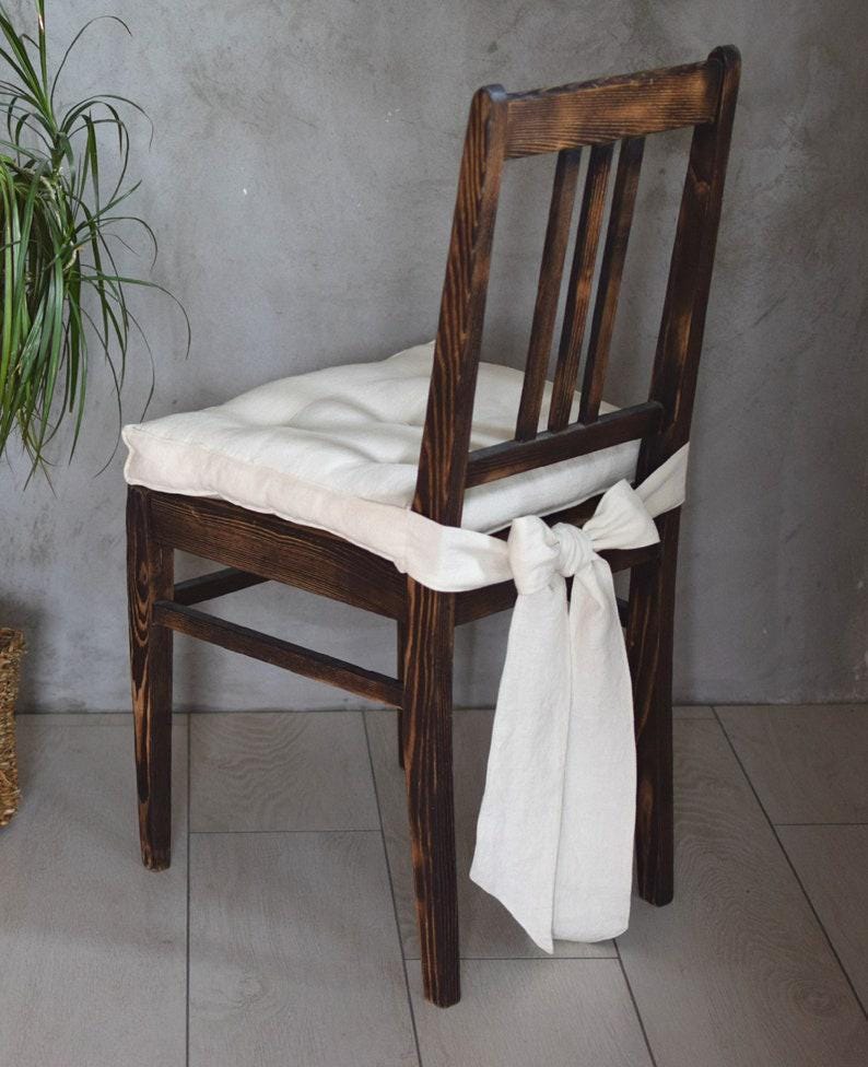 Custom Chair Cushion With Wide Back-side Ties, Washed Linen Chair Pad ...