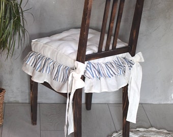 Coussin en lin lavé à double volant blanc cassé et rayé, coussins de chaise faits main, coussin de chaise personnalisé, coussins d'assise, coussins de chaise de cuisine.