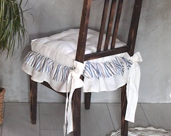 Washed Linen Cushion with double ruffles in off-white and stripe, Handmade Chair Pads, Custom chair cushion, Seat pads, kitchen chair pads.