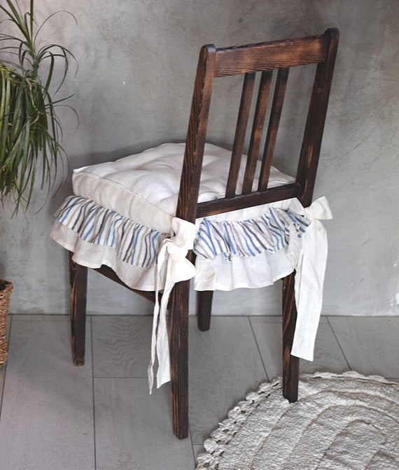 Washed Linen Cushion with double ruffles in off white and stripe Handmade Chair Pads Custom chair cushion Seat pads kitchen chair pads