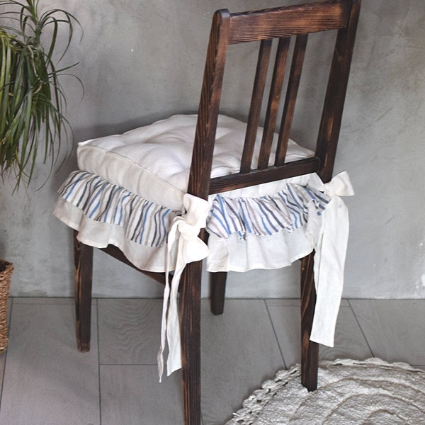 Washed Linen Cushion with double ruffles in off-white and stripe, Handmade Chair Pads, Custom chair cushion, Seat pads, kitchen chair pads.
