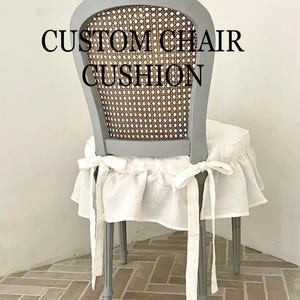 Washed Linen Cushion with ruffles in off-white (creamy white), Dining chair and bench cushion, Custom chair Pads,  kitchen chair pads