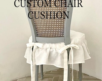 Washed Linen Cushion with ruffles in off-white (creamy white), Dining chair and bench cushion, Custom chair Pads,  kitchen chair pads