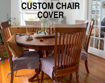 Custom dining chair cover with skirt in lavender color, Handmade Chair slipcover with ties.