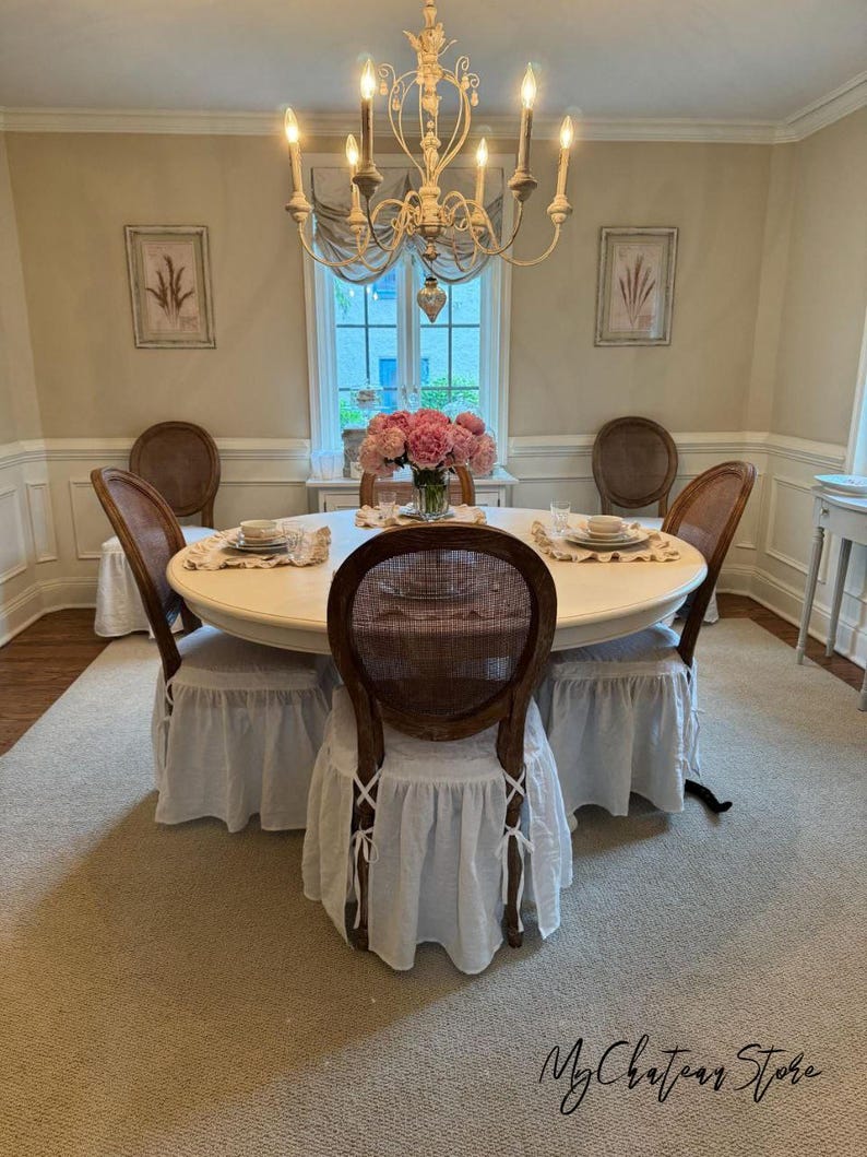 The full-length skirt chair cover made of 100 % prewashed organic linen . Custom chair slipcover. image 2