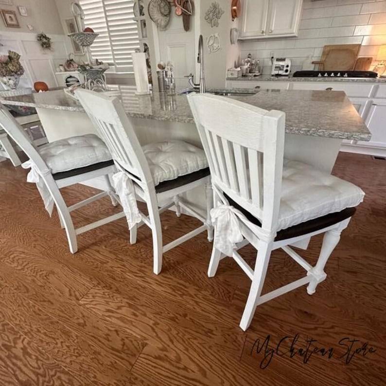 Custom Chair Cushion With Wide Back-side Ties, Washed Linen Chair Pad ...