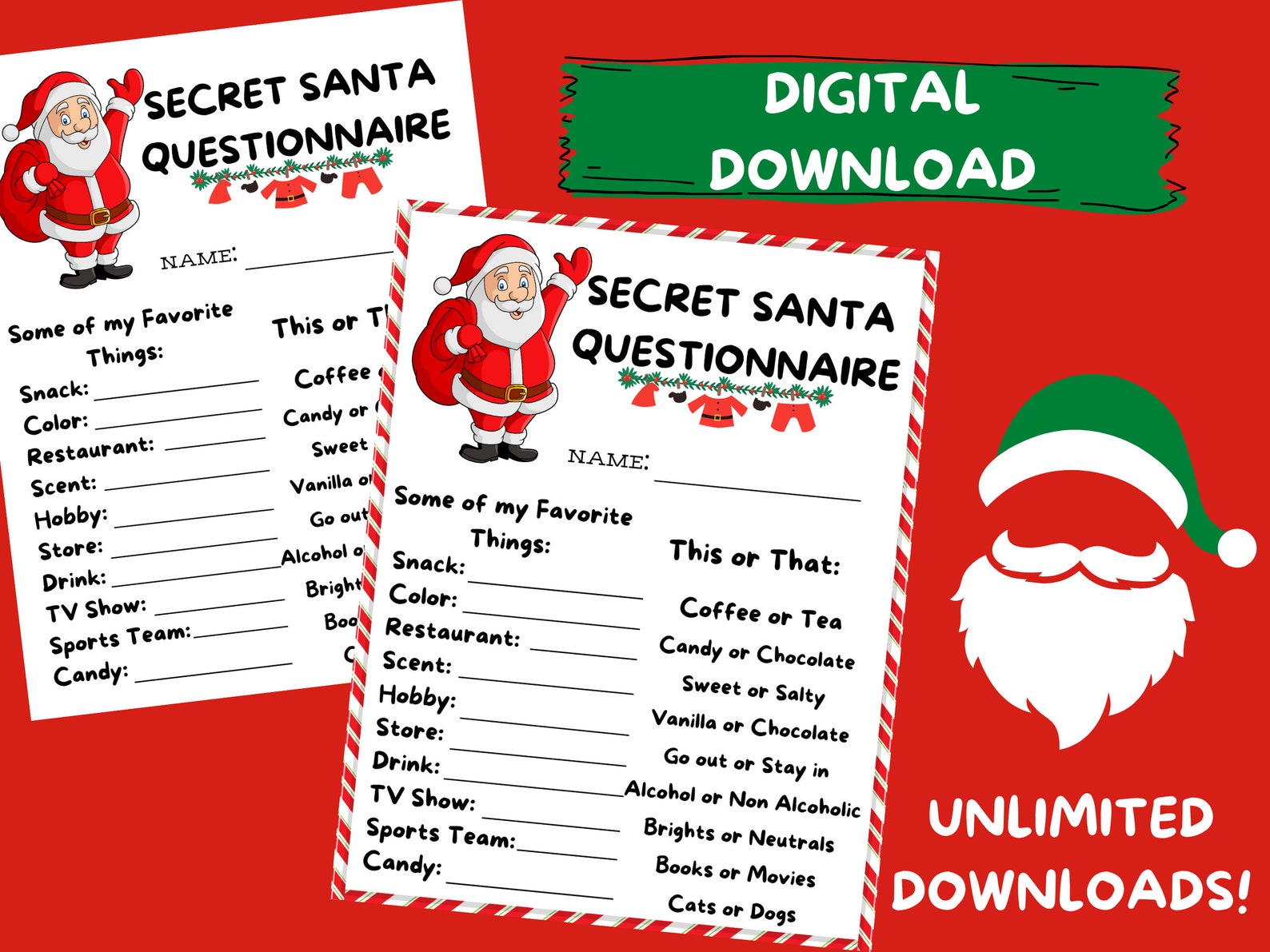 EDITABLE Secret Santa Questionnaire Printable L Secret Santa for Work L ...