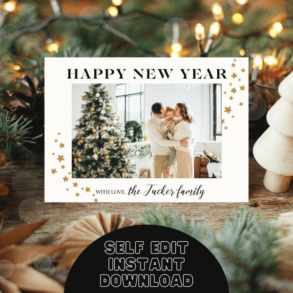 INSTANT DOWNLOAD, Editable, 2023 New Years Photo Card Template, Holiday Photo Card Printable, New Year Card Editable Template, Gold Stars