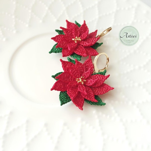 Boucles d'oreilles poinsettia fleurs micro crochet, collier, fleurs faites main, bijoux micro crochet, hiver, noël