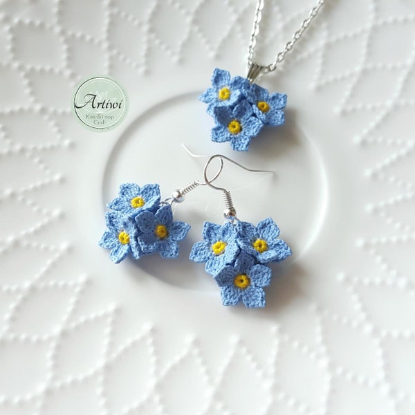 Micro crochet flowers forget me not, handmade drop earrings with flower, pendant, micro crochet jewellery, gift, spring, summer