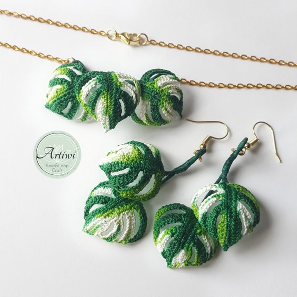 Micro crochet flowers, Monstera Variegata Leaf earrings, necklace, handmade flowers, micro crochet jewellery