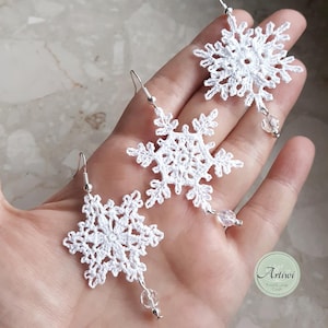 Micro crochet snowflake, snowflakes, drop earrings, handmade, micro crochet jewelery, Gift, Christmas, Winter