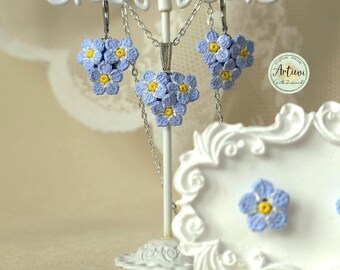 Micro crochet flowers forget me not, handmade drop earrings with flower, pendant, micro crochet jewelery, gift, spring, summer