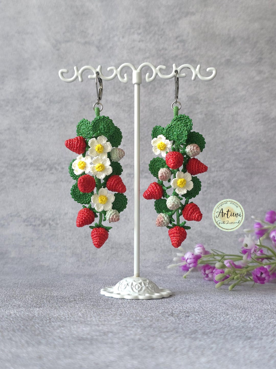 Micro Crochet Flowers Strawberry Earrings Necklace Bracelet Handmade