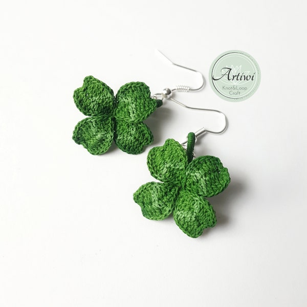 Micro crochet flowers Four-leaf Clover earrings, handmade flowers, micro crochet jewellery