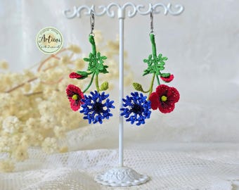 Micro crochet flowers Poppies earrings, Conflower earrings, handmade flowers, micro crochet jewelery